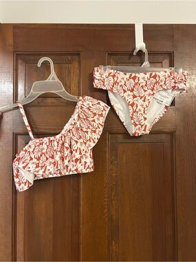 GB girls Coral and White Floral Ruffle Bikini Set